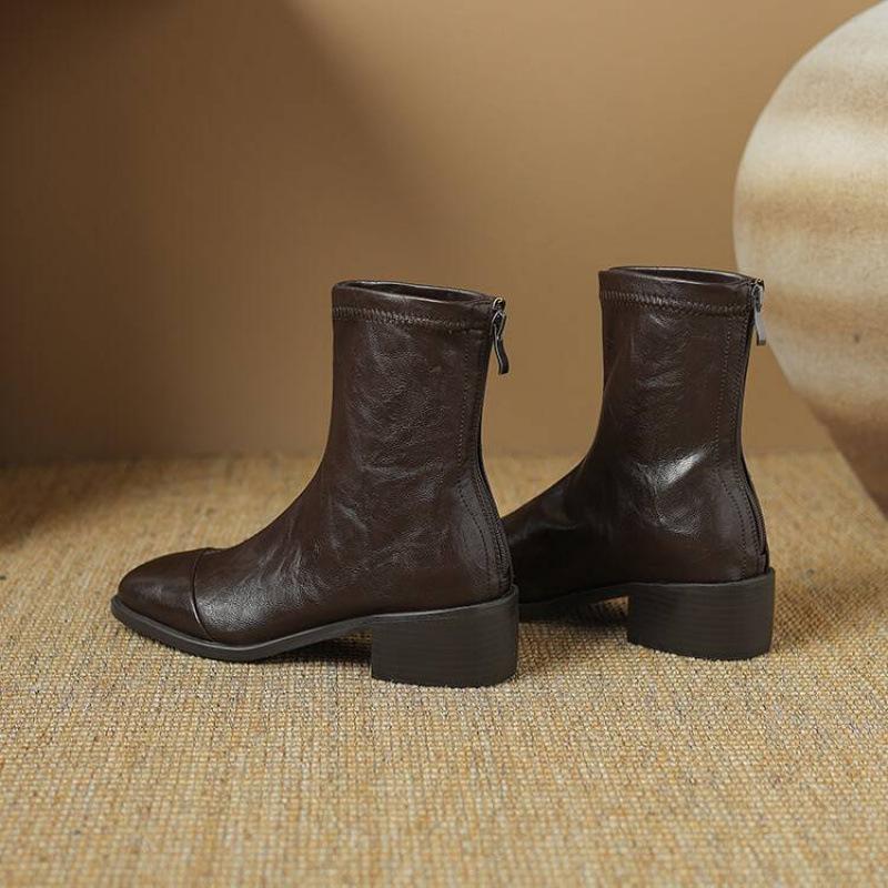 Autumn and winter medium heel knight boots women's comfortable square head leather boots rear zipper solid color square heel women's boots Korean vers