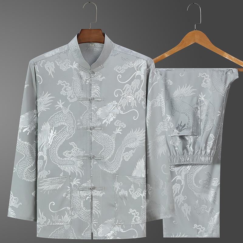 Ice Silk Tang Suit Long-Sleeved Shirt: Men's Chinese-Style Spring/Autumn Dress for Middle-Aged and Elderly