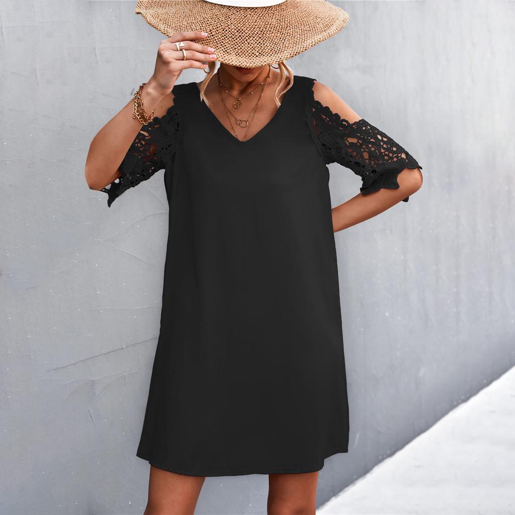 Fashion Women Color V-Neck Off-Shoulder Dress Casual Loose Piece Dress