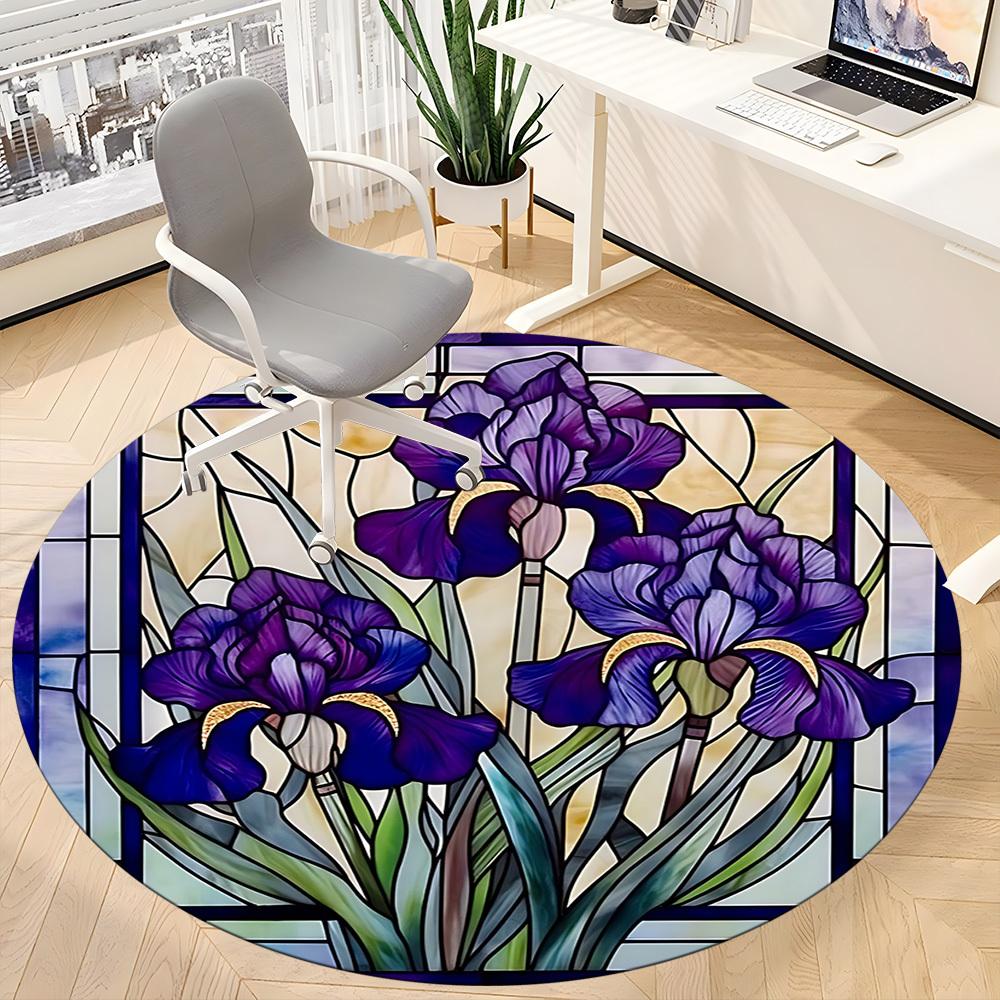 1pc Iris StainedGlass Office Round Area Rug, Under Office Chairs Bedroom Living Room Home Decor, Room Deco