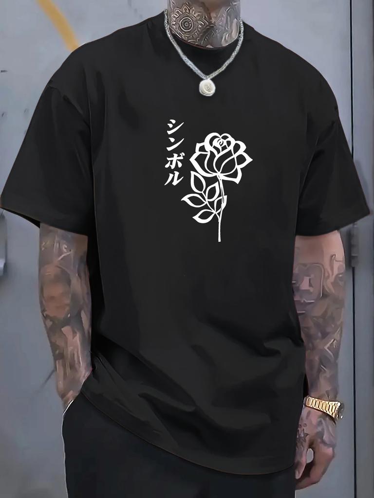 Unisex Rose Outline Japanese Word Print Crew Neck Short Sleeve Oversized Loose Casual Summer Streetwear Daily Basic Comfort T Shirt