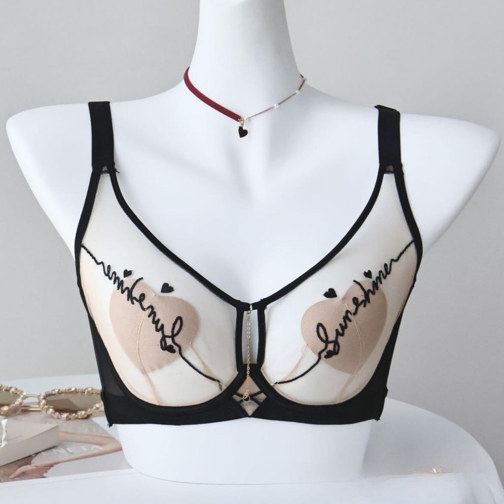 French Letter Embroidery Semi-transparent Mesh Heart Cup Bra Light and Thin Breast-revealing Small Memory Wire Support Bra