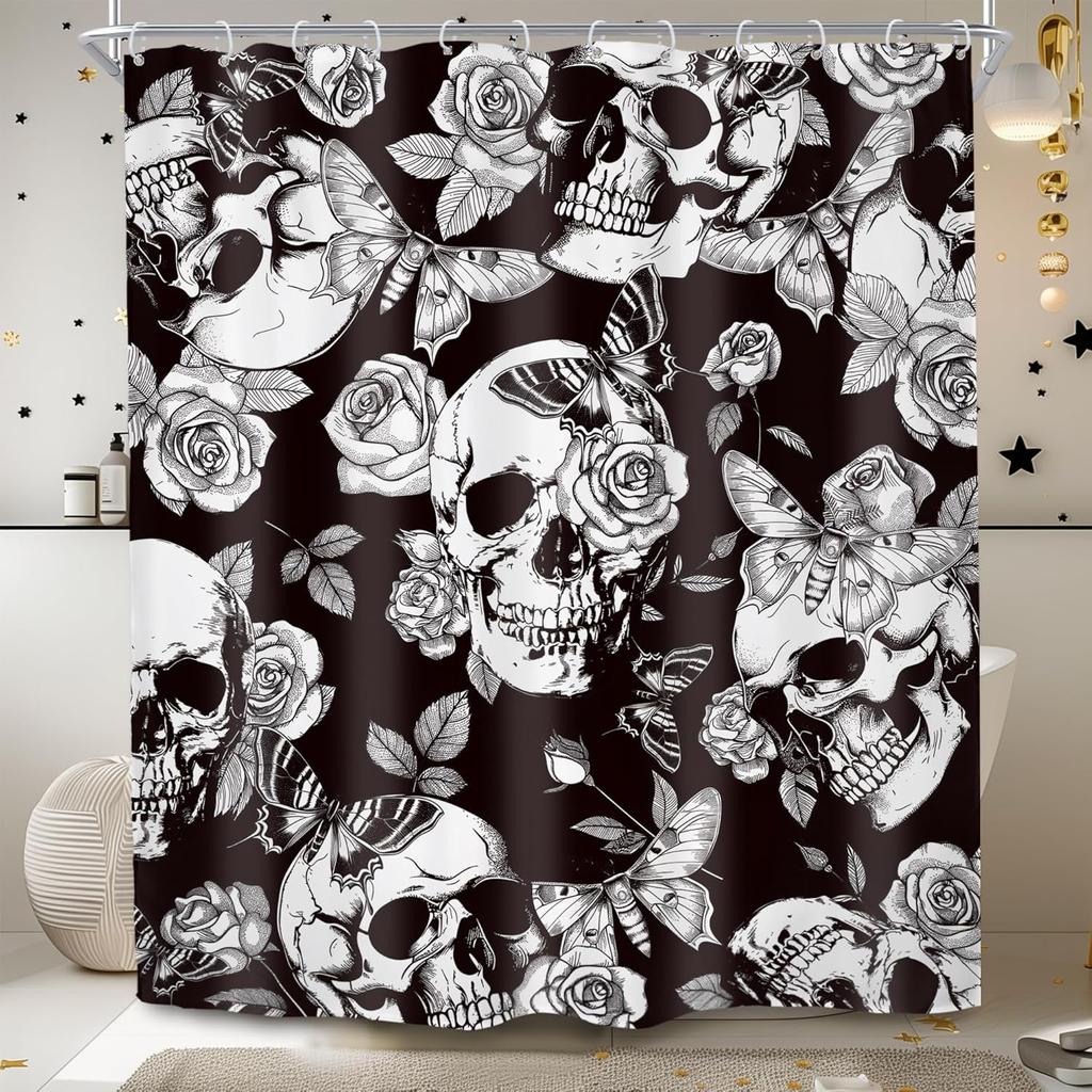 Gothic Skull Shower Curtain Bathroom Set Halloween Death Head Moth Pink Flower Leaves Spider Scary Witchy Bath Accessories