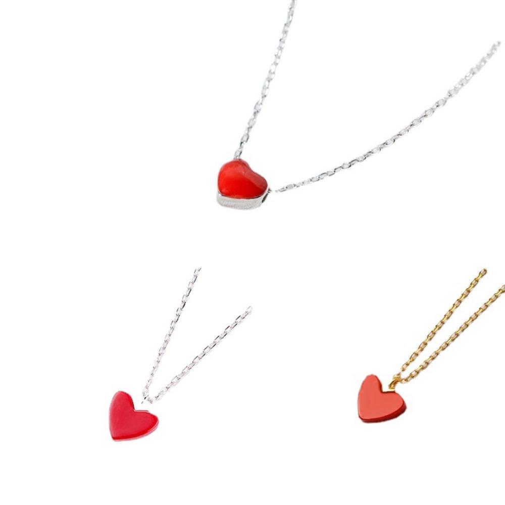 925 Silver Plated Red Heart Necklace for Women Minimalist Heart Pendant Dainty Collarbone Chain