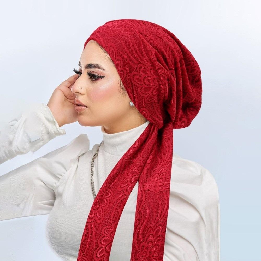

Soft Stretch Lace Women Hijabs Headscarf Lady Bandana Caps Fashion Muslim Turban Hats вина червоного кольору