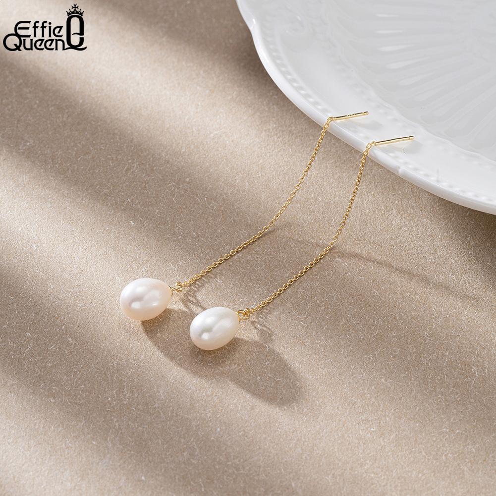 Effie Queen Elegance 925 Silver Freshwater Pearl Tassel Chain Earrings Minimalist Vintage Pearl Drop Earring Fine Jewelry GPE75
