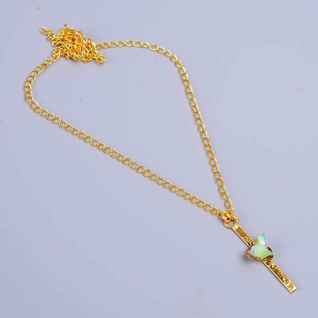 Natural Ethiopian Opal Gold Plated Electroformed Wedding Chain Necklace Jewelry V-79