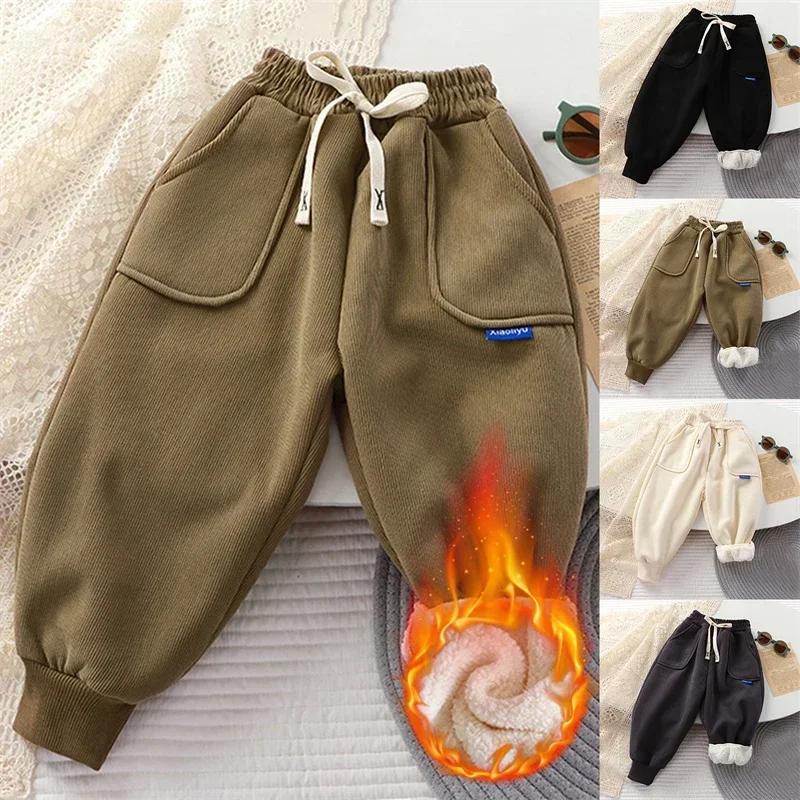 Kids Paded Pants Boys Girl Autumn Winter Plus Velvet Thick Warm Trousers Corduroy Outer Wear Sport Casual Pants Children Clothes