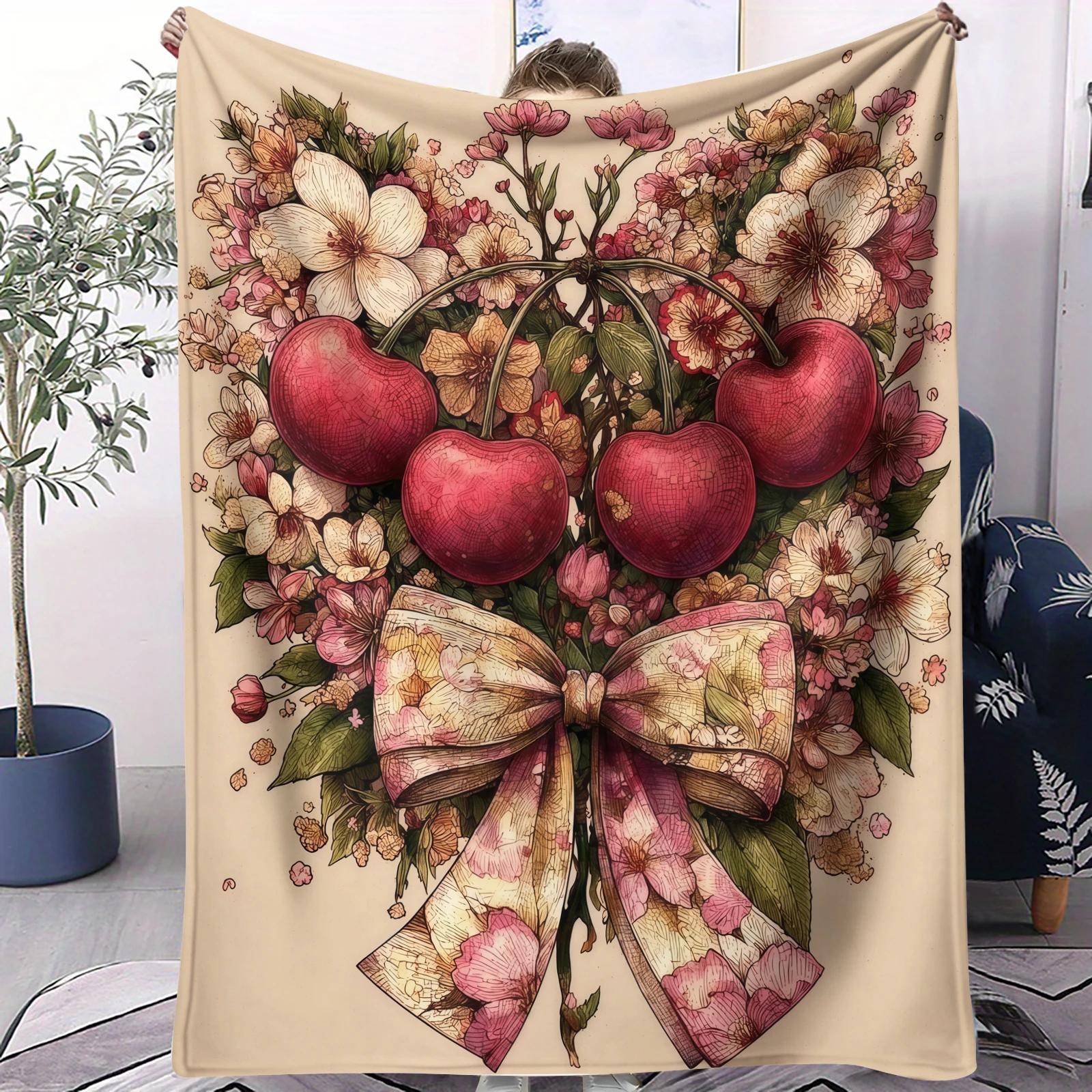 

Cherry Blossom Bow Warm Plush Throw Blanket for Office Travel Camping Home Use Soft Cozy Blanket for Comfort and Relaxation 40x50inch 101x127cm