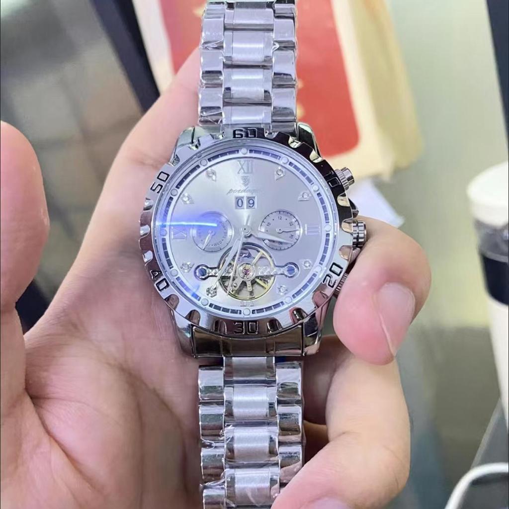 POEDAGAR Top Luxus Herrenuhr Automatisch Datum Woche Herren Armbanduhr Hohl Tourbillon Mechanisch Edelstahl Herrenuhr