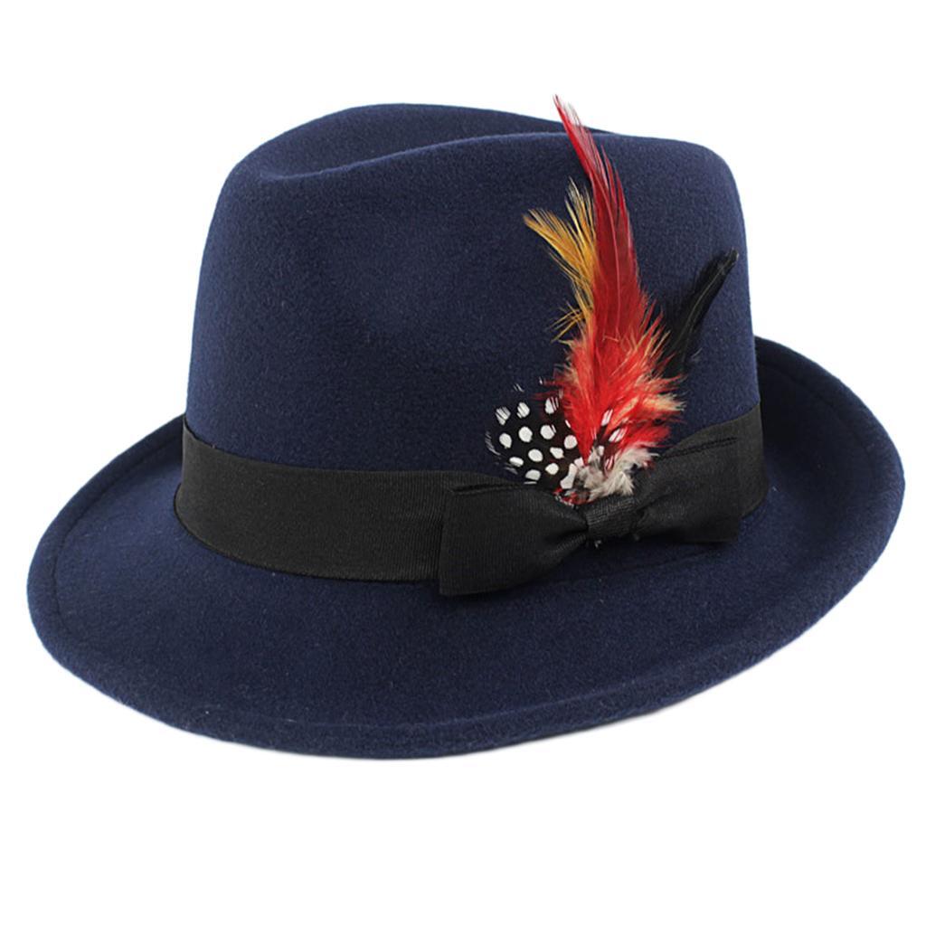 Navy Blue Mens Crushable Handmade Fedora Hat with Wool Felt Bowknot and 