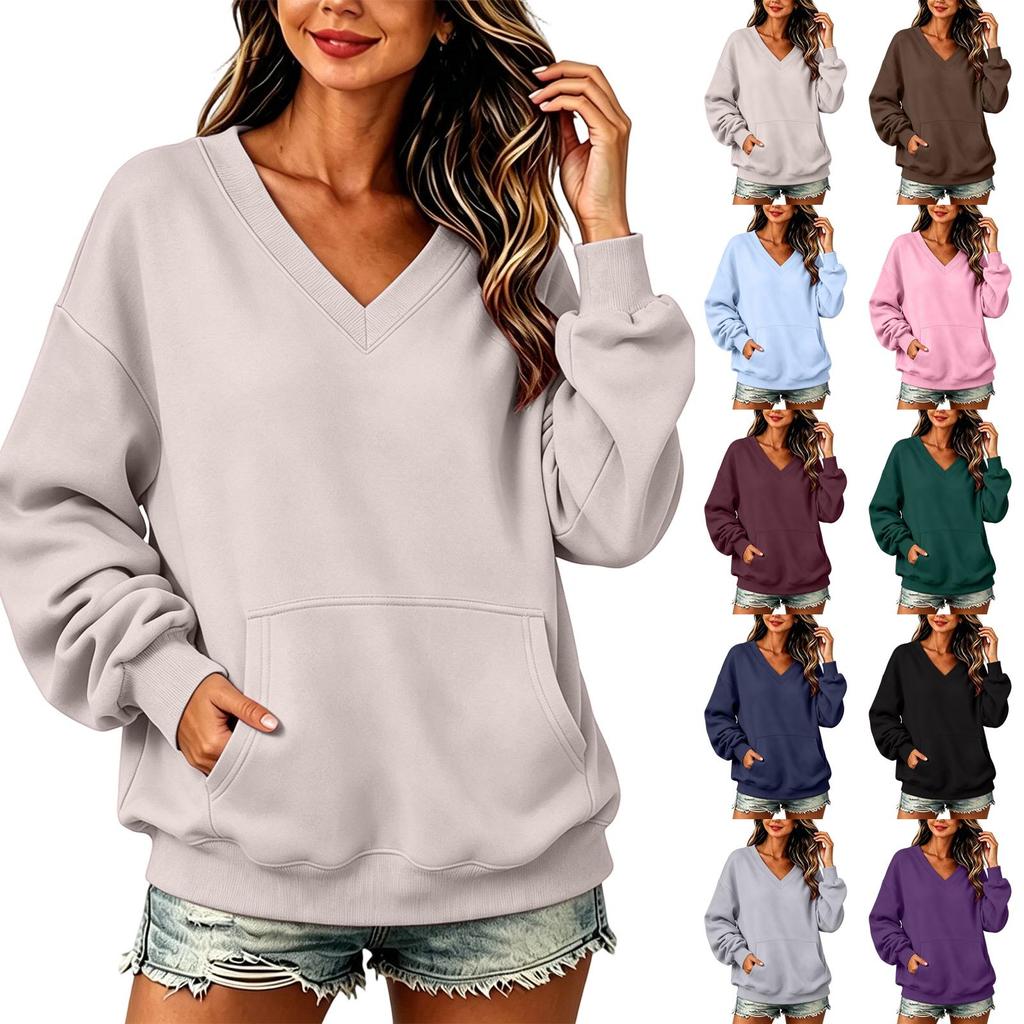 Women’s V Neck Long Pullover Sweatshirt with Pocket Loose Fit Casual Long Sleeve Top for Autumn and Winter