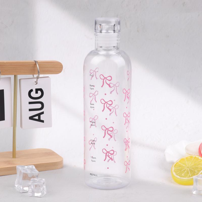 Kawaii Bow Plastic Water Bottle With Time Scale Transparent Water Cup For Outdoor Sports Drinking 500Ml Juice Milk Water Bottle