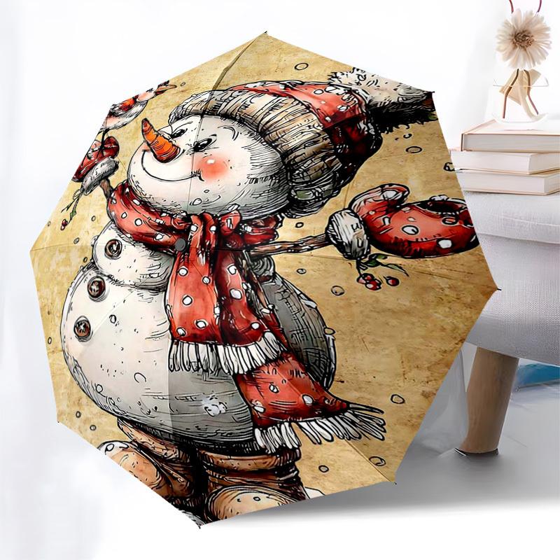 

1pc Snowman & Bird Design Automatic Folding Umbrella, Portable 3-Fold Design with Iron Frame, Perfect for Outdoor Use, Festive Gifts, Travel, Daily Us