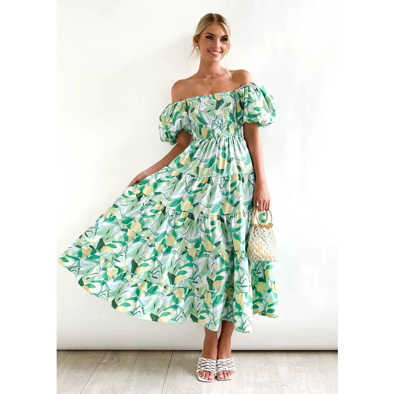 Summer New Bubble Sleeve Holiday Skinny Long Dress Spice Girl High Waist Shoulder Printed Dress Women