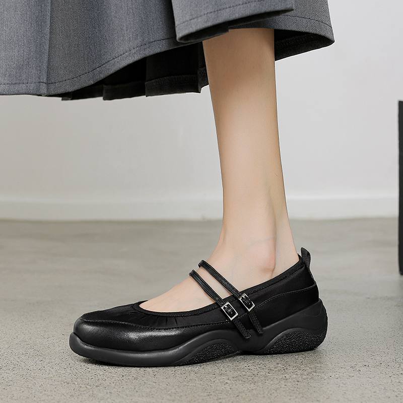 Krazing Pot Dámské tenisky s kulatou špičkou a středním podpatkem z hovězí kůže, s přezkami a pásky