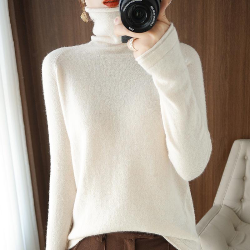 Women's High Neck Knit Sweater: Long Sleeve, Solid Color, Loose Fit, Stylish Autumn/Winter Base Layer