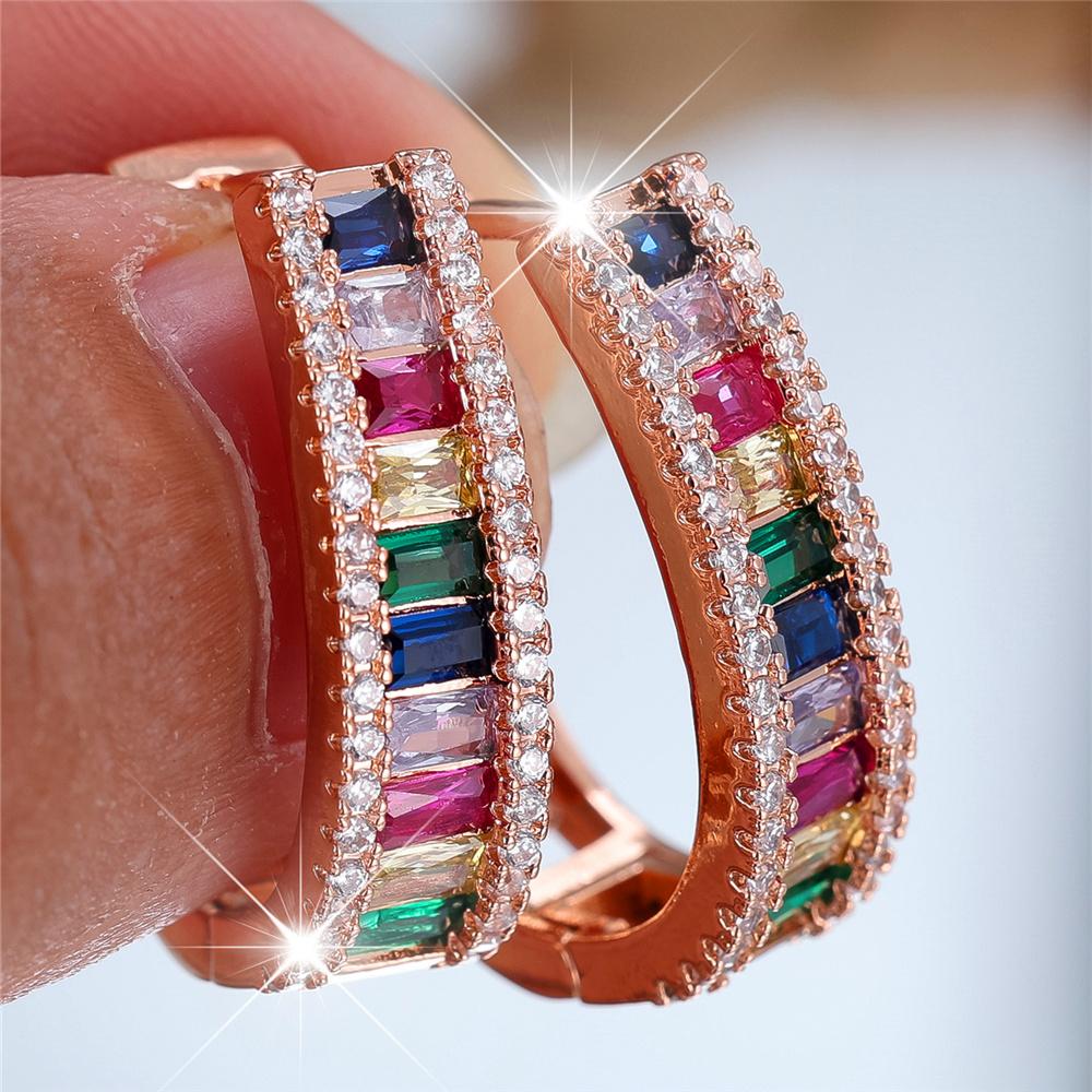 Charm Female Rainbow Zircon Stone Hoop Earrings Fashion Rose Gold Color Wedding Jewelry For Women