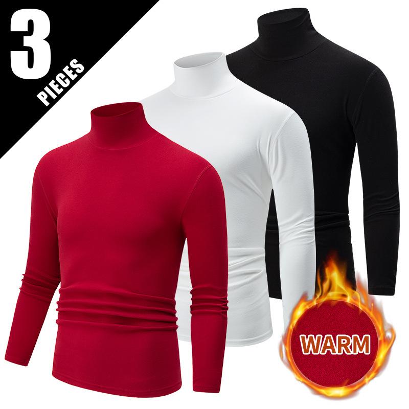 Simple Long-Sleeve Turtleneck Men's Work Long-Sleeve Top 3pcs Set, European and American Fashion Trend T-Shirt