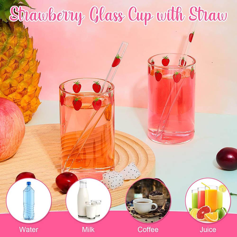 Cute Glass Strawberry Cups 300ML Straw Glass cups,Cute Strawberry Pattern Glass Bottles for Water Milk Tea,coffee Juice Tea Cups