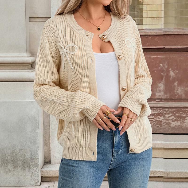 2026 Autumn/Winter Women's Bow Knot Cardigan: Casual Long Sleeve Outerwear