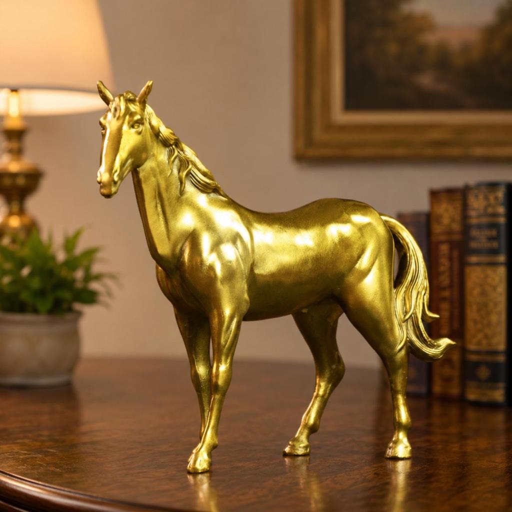 Gold-Toned Brass Horse Figurine Decorative Standing Sculpture Craft Piece