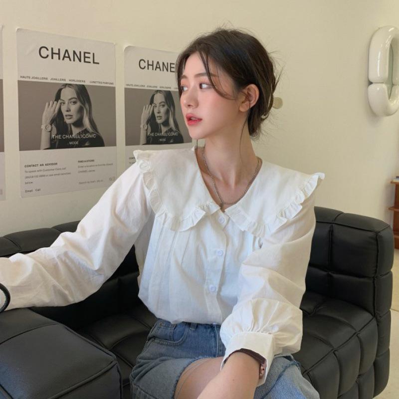 Dongdaemun Peter Pan Collar Sweet Blouse: Women's Loose Long Sleeve Top for Spring/Autumn 2025.