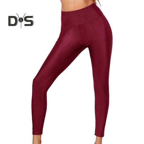 

Високоеластичні жіночі легінси приталеного крою, однотонні глянцеві штани для йоги з високою талією, весна-осінь, активний одяг S вина червоного кольору
