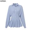 VONDA Womens Casual Lapel Neck Long Sleeve Ruffled Striped Print Loose Rumple Blouse Shirts