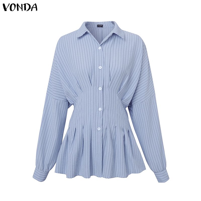 VONDA Womens Casual Lapel Neck Long Sleeve Ruffled Striped Print Loose Rumple Blouse Shirts