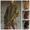 Rochie Mini Retro din Piele Suede pentru Femei Mâneci Lungi Gât Înalt Buzunare Tiv cu Franjuri Rochie Boho Toamnă Elegantă Rochii High Street