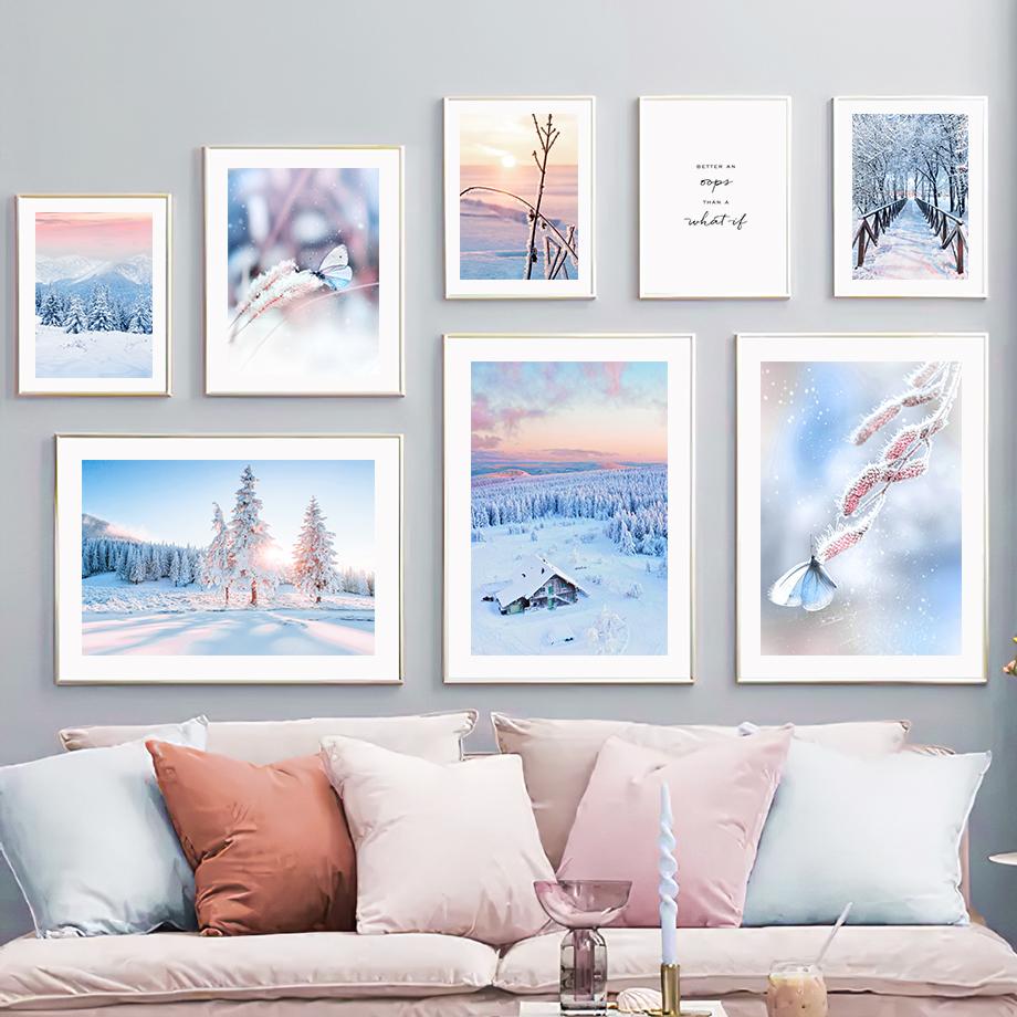 Winter Snow Tree Forest Hill Bridge Butterfly Nordic Posters And Prints Wall Art Canvas Painting Modern Pictures For Living Room