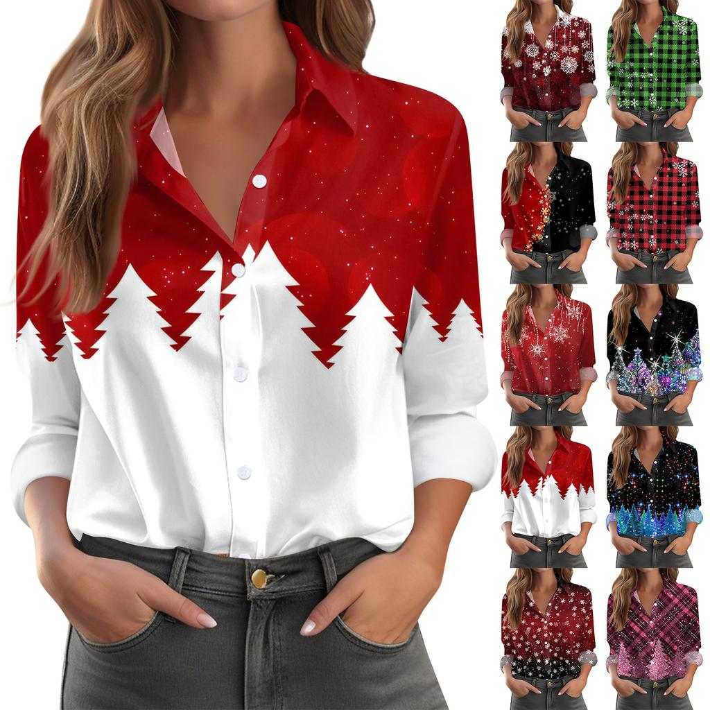 Skjortebluse for kvinner Juletrykkknapp Langermet Casual Basic skjortekrage Vanlig topp