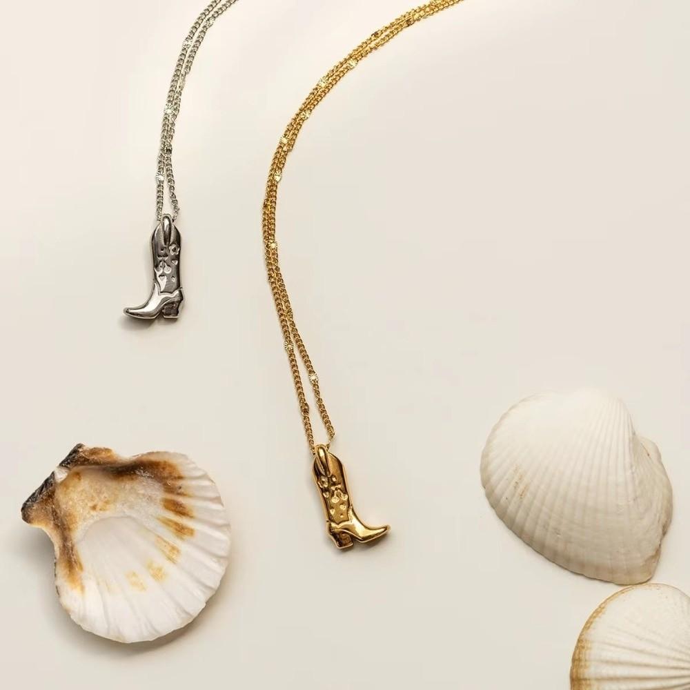 Silver Boot Cowboy Boot Necklace Stainless Steel Collarbone Chain Choker Necklace Pendant Unisex