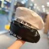 Beret Women's Spring Autumn New Embroidered Letter PU Leather Flat Top Japanese and Korean Street Shooting Fashion Bud Hat