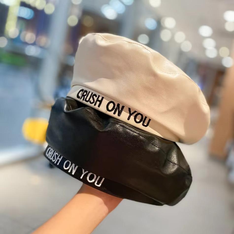 Beret Women's Spring Autumn New Embroidered Letter PU Leather Flat Top Japanese and Korean Street Shooting Fashion Bud Hat