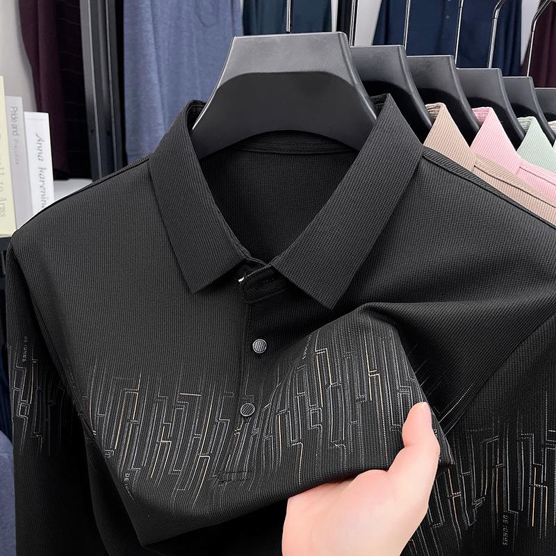 New Long-sleeved T-shirt Men in Spring and Autumn Printing Simple Elegant and Versatile Middle-aged Lapel Pullover Top