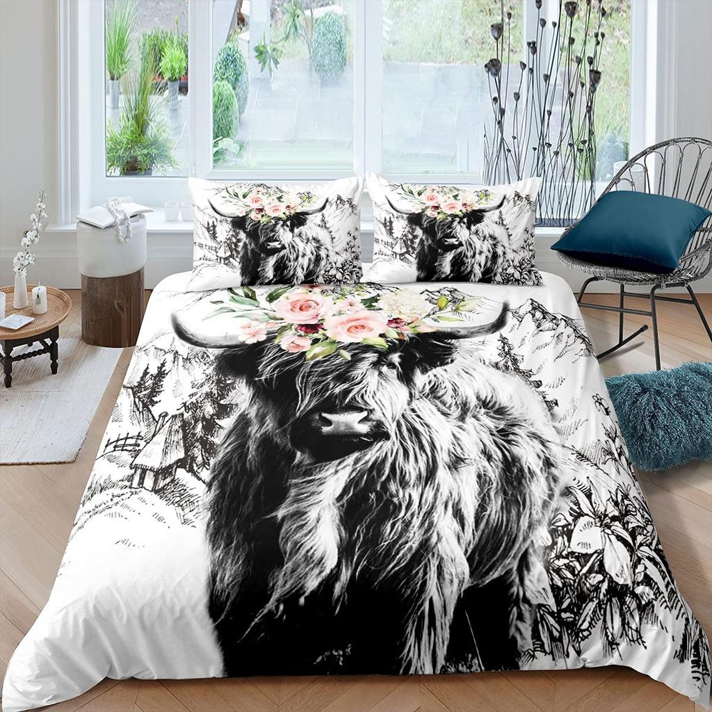 Highland Cow Duvet Cover King Sunflower Black Cattle Bedding Set Microfiber Farm Animal Cow Western Farmhouse Cattle Quilt Cover