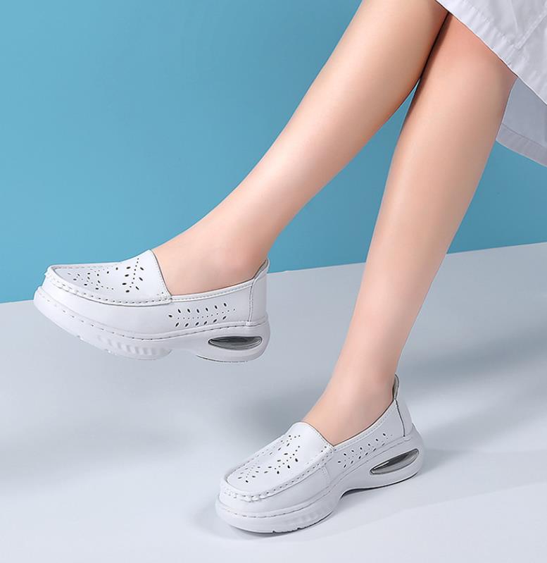 Fashion Women Genuine Leather Wedges Casual Shoes Loafers Soft Nurse Work Shoes Breathable Comfortable Non-slip White Nursing Shoes