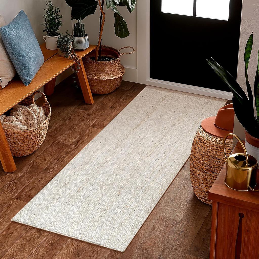 Aizza Trends Indian Handmade Braided White Natural Jute Area Rug- Jute Rug- Dining Room- Living Room