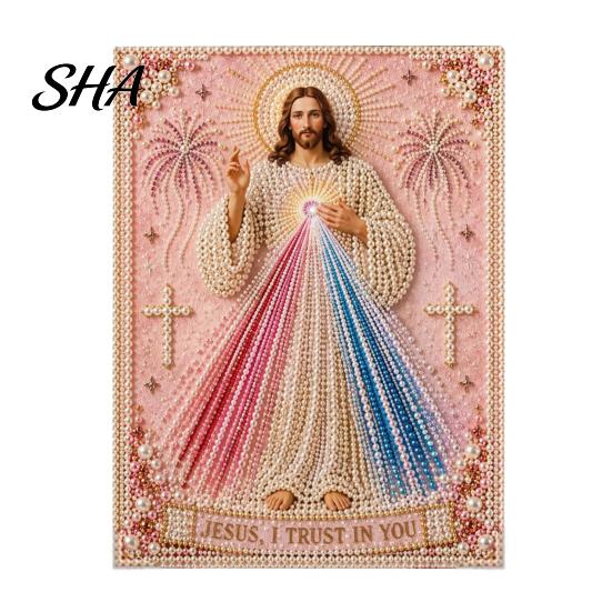 Religious Pearl Art Kit Mary Painting Kit, Divine Mercy Jesus Holy 3D Texture Faux DIY Craft Set for Adults Beginners Christian Wall Decor A