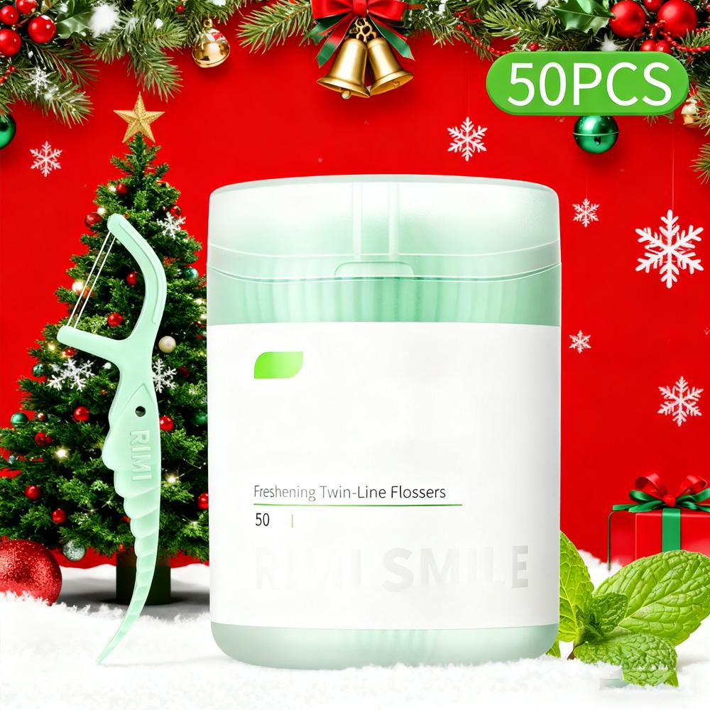 

50Pcs Bucket Double Thread Mint Floss Picks Oral Care Essential for Holiday Gatherings Christmas Gift