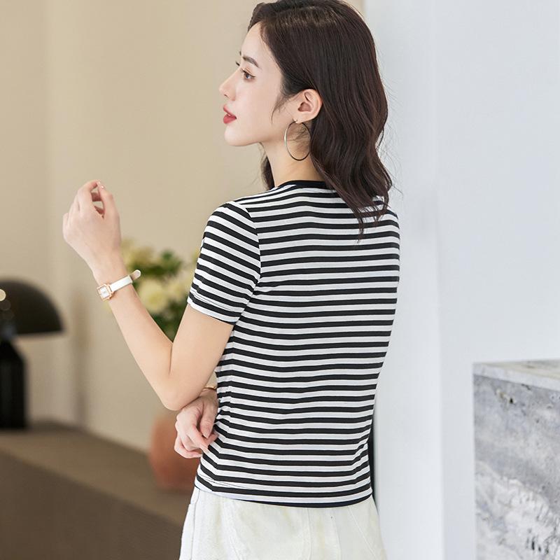 Modal Cotton Women's Striped Short-Sleeve Summer T-shirt 2025 Mom's Casual Elastic Blouse