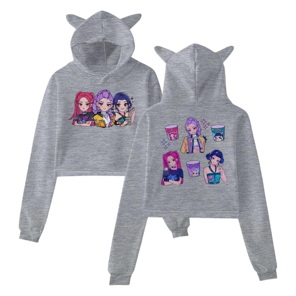 Hot Anime Kpop Demon Hunters Print Hooded Fashion Women Girl Sweatshirt Cropped Hoodies Casual Tops Harajuku Cat Ear Sweatshirt
