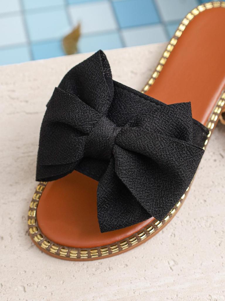 2026 Summer Women's Plus Size Bow One-Strap Flat Slippers - Lightweight, Comfortable & Solid Color for Outdoor Wear