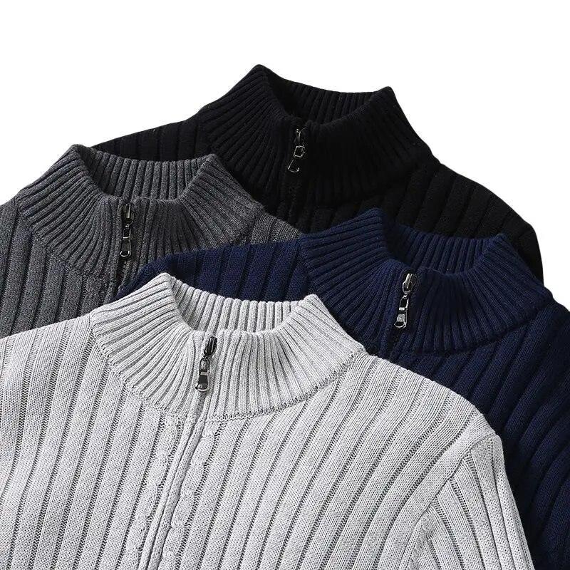 Autumn Winter Men Cardigan Sweater Men's Stand Collar Zipper Cotton 100% Thickened Knit Solid Color High Street Clothes