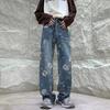 Mens Fashion Printed Jeans Floral Denim Mopping Trousers Korean Style High Street Loose Hip Hop Wide-leg Jean Pants