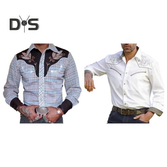 Men Spring Shirt Vintage Western Cowboy Print Single-breasted Slim Fit Long Sleeve Turn-down Collar Buttons Streetwear Casual Business Cardigan Shirt