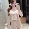 [High-quality Imitation Cotton] Korean Cute Printed Cardigan Pajamas Women's Spring New Loungewear Three-piece Set Can Be Worn Outside