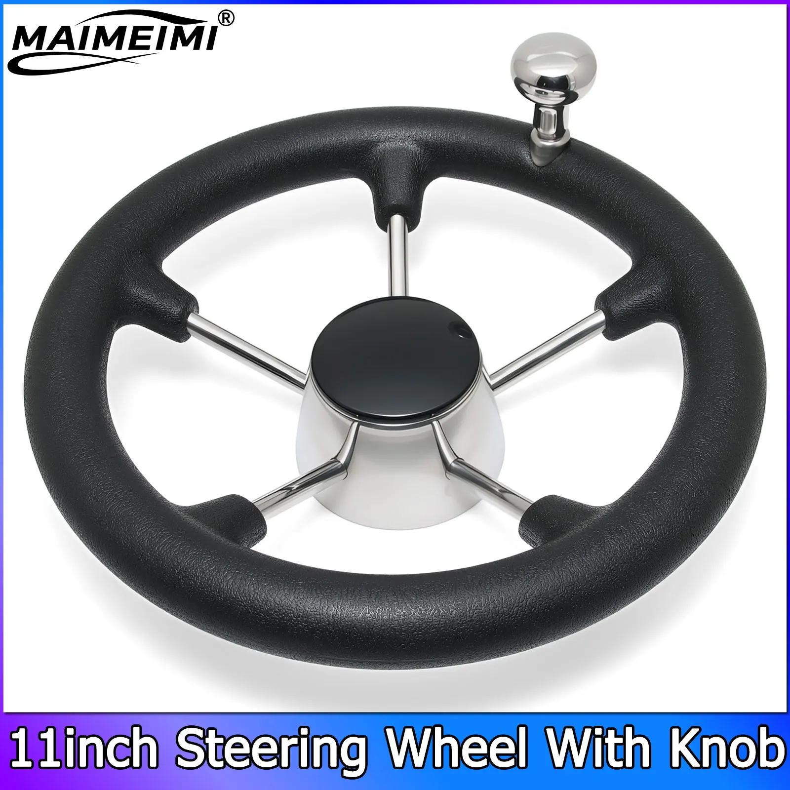 AD Steering Wheel With Knob 11inch Marine Boat Steering Wheel 5 Spoke Destroyer With Black Foam Stainless Steel Steering Wheel